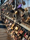 The Bernatka footbridge - bridge of love with love padlocks in Krakow, Poland.