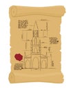 Berne Cathedral on old paper Scheme. Ancient scroll. scheme of