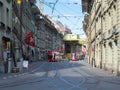 Berne, Switzerland - April 16th 2022: View along Marktgasse, a historic street in the city centre.