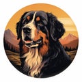 Bernese Mountain Dog Sticker On Circular Background - Dan Mumford Style