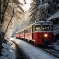 Bernina Express passes through the snowy woods, Switzerland. Generative AI