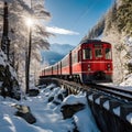 Bernina Express passes through the snowy woods, Switzerland. Generative AI