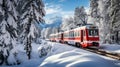 Bernina Express passes through the snowy woods, Switzerland. Generative AI