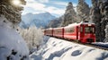 Bernina Express passes through the snowy woods, Switzerland. Generative AI