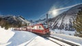 Bernina Express Red Train between the Ice of Piz PalÃÂ¹ and Bernina Royalty Free Stock Photo