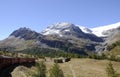The Bernina train crossing the swiss alps in the upper Engadin i
