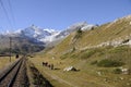 The Bernina train drives over the Swiss Alps to Italy