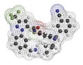 Berotralstat hereditary angioedema drug molecule. 3D rendering. Atoms are represented as spheres with conventional color coding: