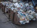 Beroun, Czech Republic, March 23, 2019: old rusty container full of stack waste paper for recycling Royalty Free Stock Photo