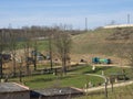 Beroun, Czech Republic, March 23, 2019: View on construction building site and public park with trucks of Svestka