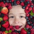 Berrie set. Assorted mix of strawberry, blueberry, raspberry, blackberry background. Berries closeup near kids face Royalty Free Stock Photo
