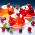 Berries adorn red and orange jelly desserts on clear plates