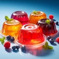 Berries adorn red and orange jelly desserts on clear plates