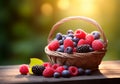 Berries basket, sunny forest background with copy space Royalty Free Stock Photo