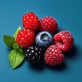 Berries. Blackberry, raspberry, blueberry, red currant and mint background.