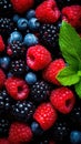 Berries. Blackberry, raspberry, blueberry, red currant and mint background.