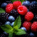 Berries. Blackberry, raspberry, blueberry, red currant and mint background.