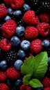 Berries. Blackberry, raspberry, blueberry, red currant and mint background.