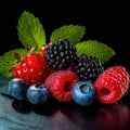 Berries. Blackberry, raspberry, blueberry, red currant and mint background.