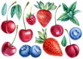 Berries blueberries, raspberries, sweet cherries, strawberries, mint leaves, watercolor illustration Royalty Free Stock Photo