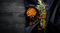 berries and branches of sea buckthorn on a background of black boards