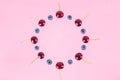 Berries of cherries and blueberries arranged in a circle. Pink background. Concept of berries season and proper nutrition