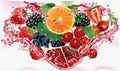 Berries and citrus mix into of splashes of juices in triangular composition