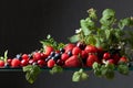 Berries closeup colorful assorted mix of strawberry, blueberry, raspberry and sweet cherry on a glass table Royalty Free Stock Photo