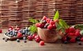 Berries closeup colorful assorted mix of strawberry, blueberry, raspberry and sweet cherry on a old wooden table Royalty Free Stock Photo