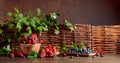 Berries closeup colorful assorted mix of strawberry, blueberry, raspberry and sweet cherry on a old wooden table Royalty Free Stock Photo