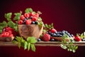 Berries closeup colorful assorted mix of strawberry, blueberry, raspberry and sweet cherry on a old wooden table Royalty Free Stock Photo