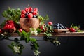 Berries closeup colorful assorted mix of strawberry, blueberry, raspberry and sweet cherry on a old wooden table Royalty Free Stock Photo