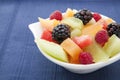 Berries and diced melon in a bowl on the table