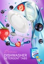 Berries fragrance dishwasher detergent tabs ads. Vector realistic Illustration with dishes in water splash, strawberry and blackcu Royalty Free Stock Photo