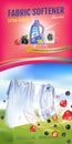 Berries fragrance fabric softener gel ads. Vector realistic Illustration with laundry clothes and softener rinse container. Vertic