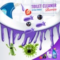 Berries fragrance toilet cleaner ads. Cleaner bobs kill germs inside toilet bowl. Vector realistic illustration. Poster.