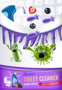Berries fragrance toilet cleaner ads. Cleaner bobs kill germs inside toilet bowl. Vector realistic illustration. Vertical poster.