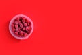 Berries of Frozen raspberries in a plastic container container on a red background. frozen food concept. Top flat Royalty Free Stock Photo