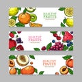 Berries and fruits banners. Cartoon orange mango, melon kiwi, banana lemon fresh garden organic. Vector horizontal