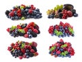 Berries and fruits isolated on white background. Ripe blueberries, blackberries, blackcurrants, raspberries, gooseberries Royalty Free Stock Photo