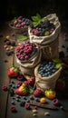 Berries And Fruits Ready For The Picknick Fresh And Delicious In Linen Jute Sack On Wooden Floor - Generative AI