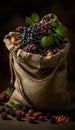 Berries And Fruits For The Picknick Fresh And Delicious In Standing Linen Jute Sack On Wooden Floor - Generative AI
