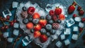 Berries and ice cubes in shape of heart. Fresh organic food Royalty Free Stock Photo