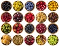 Berries isolated on white. Collage of different colors fruits and berries. Fruits and berries in bowl on white background. Sweet a Royalty Free Stock Photo