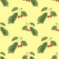 Berries and leaves cherry on yellow background. Watercolor hand made. Seamless colorful pattern