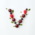 Berries organic pattern of letter V english alphabet from natural ripe berries - black currant, cherries, raspberry Royalty Free Stock Photo