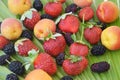 Berries overhead closeup colorful assorted mix of strawberry, blueberry, raspberry, blackberry, red currant in studio on Royalty Free Stock Photo