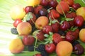 Berries overhead closeup colorful assorted mix of strawberry, blueberry, raspberry, blackberry, red currant in studio on Royalty Free Stock Photo