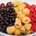 Berries plate, ripe fresh assorted, cherries, white and red raspberries and currants