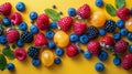 Berries, Raspberries, and Blueberries Arranged on Yellow Background Royalty Free Stock Photo